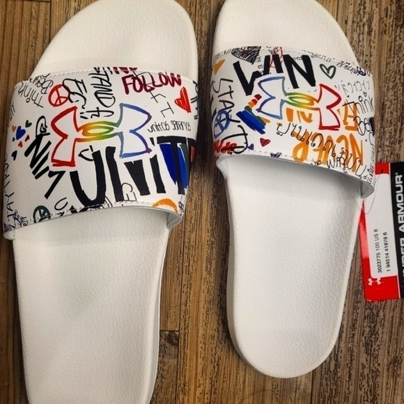 NWT.Under Armour Sandals.Unisex UA Core Remix Pride Slides. White Logo 10.75 - Picture 3 of 4